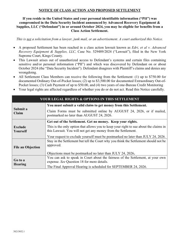 First page of the court-approved notice