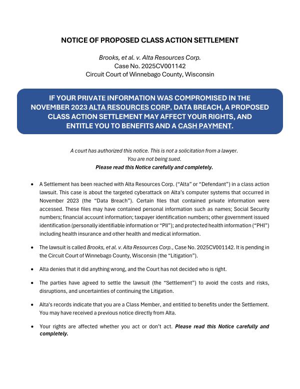 First page of the court-approved notice