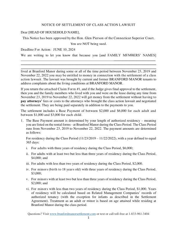 First page of the court-approved notice
