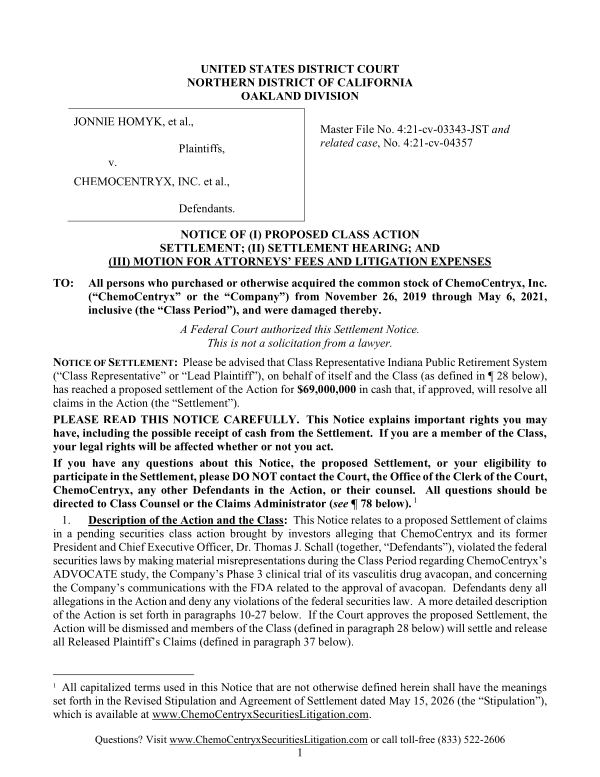 First page of the court-approved notice