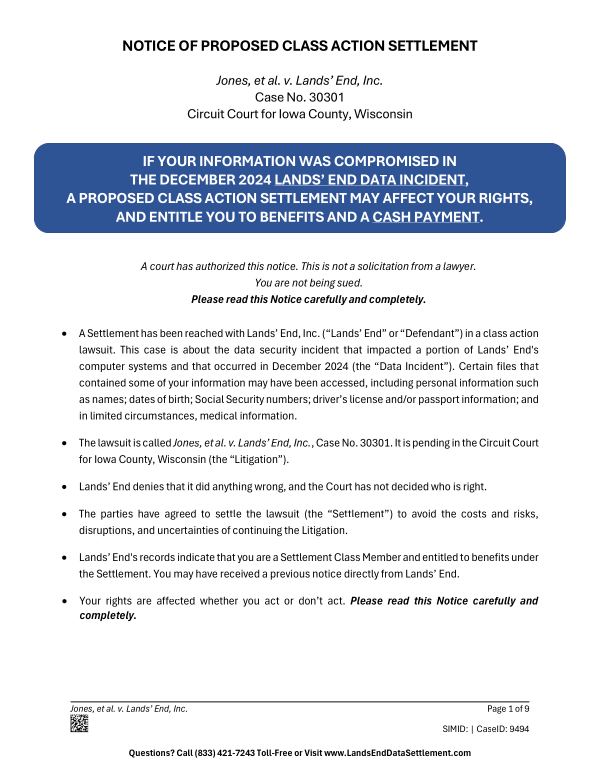 First page of the court-approved notice