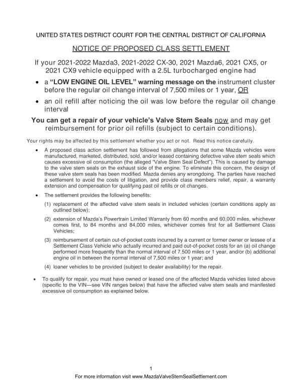 First page of the court-approved notice