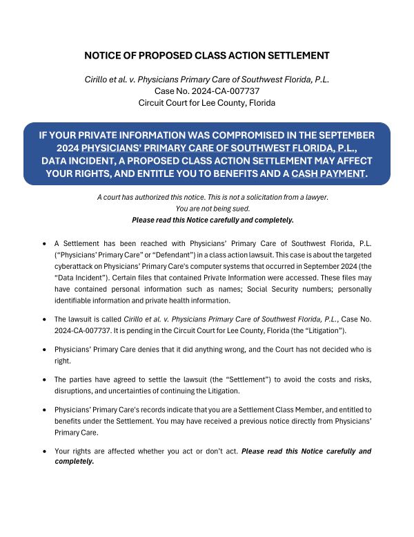 First page of the court-approved notice