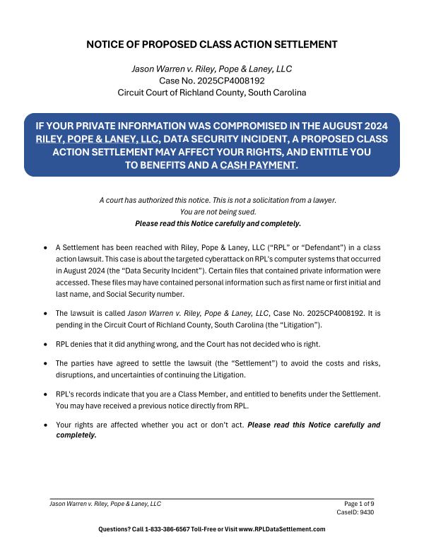 First page of the court-approved notice