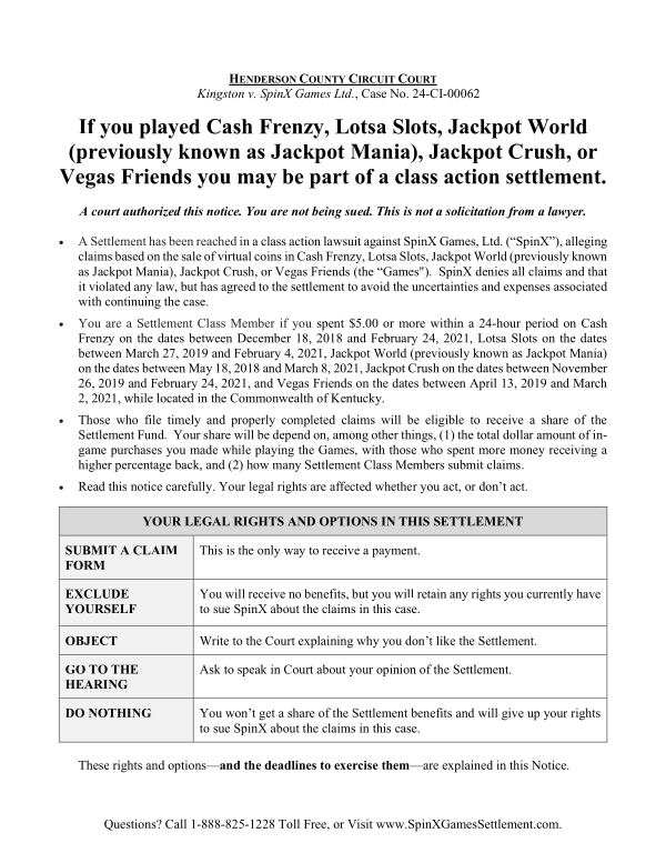 First page of the court-approved notice