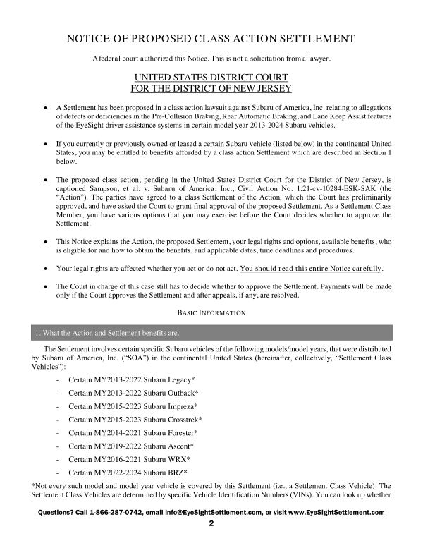 First page of the court-approved notice