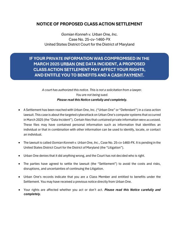 First page of the court-approved notice