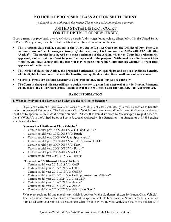 First page of the court-approved notice