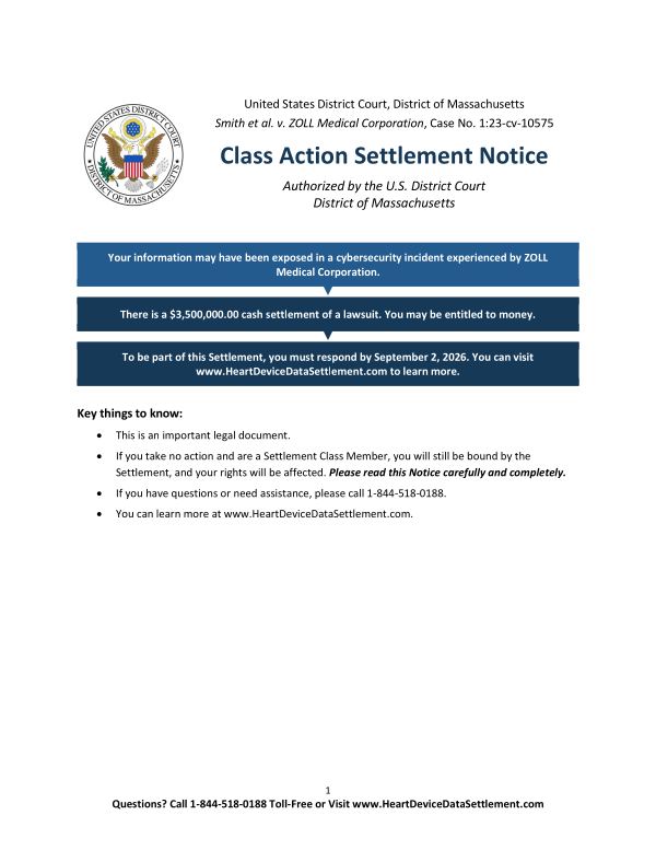 First page of the court-approved notice